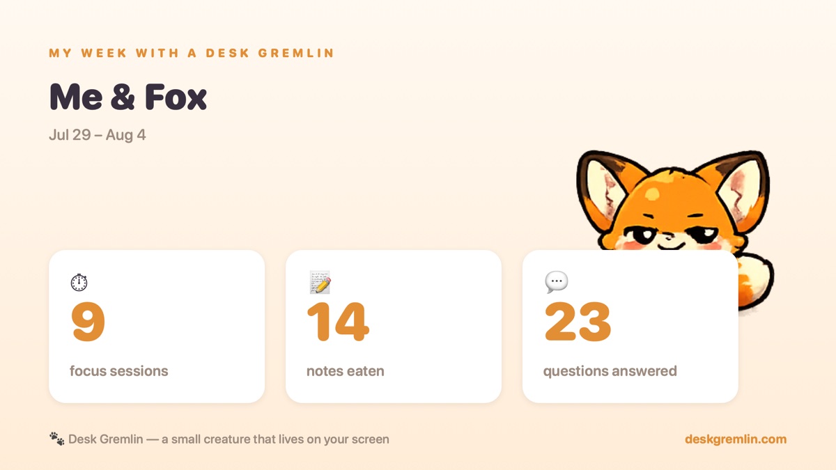 A weekly stats card: 9 focus sessions, 14 notes eaten, 23 questions answered — Me & Fox